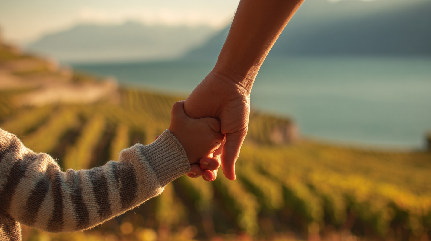 Mains d’un adulte et d’un enfant se tenant devant les vignes en terrasses du Lavaux, avec le Léman en arrière-plan — symbole d’entraide locale.