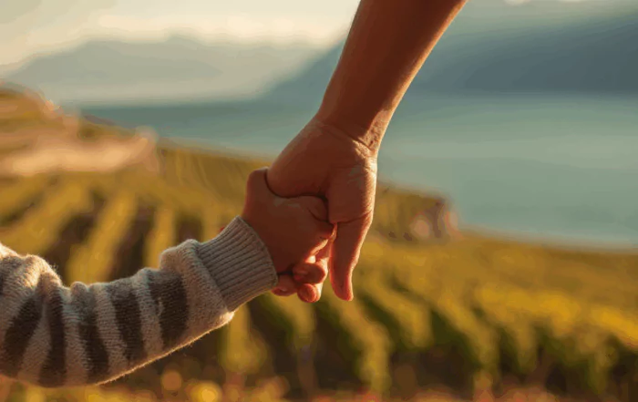 Mains d’un adulte et d’un enfant se tenant devant les vignes en terrasses du Lavaux, avec le Léman en arrière-plan — symbole d’entraide locale.